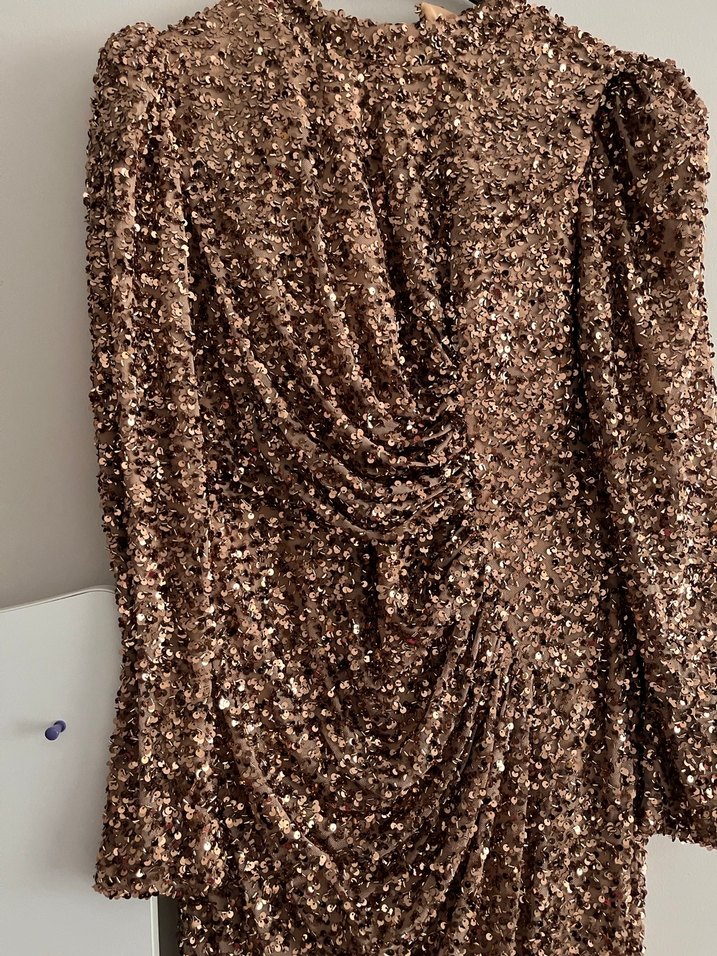 Drapeli Uzun Kollu  pul payet Uzun Elbise - Görsel 3