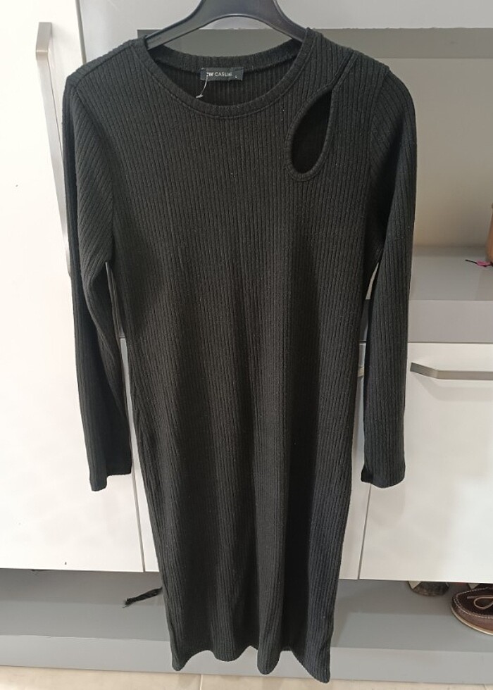 Triko yaka detaylı fitilli elbise - Görsel 2