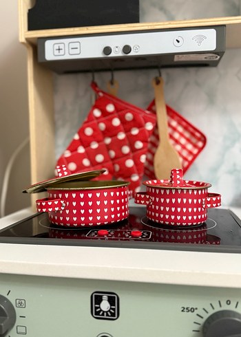 Kırmızı Kalp Desenli Mini Tencere Seti - Görsel 5