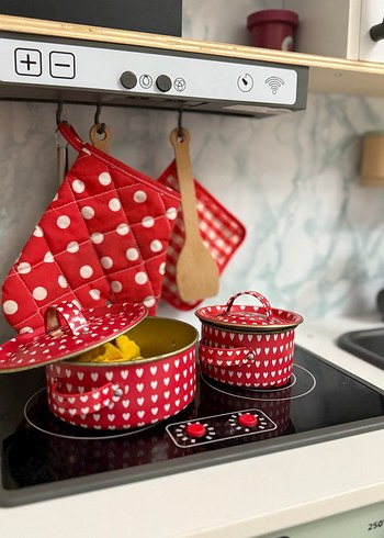 Kırmızı Kalp Desenli Mini Tencere Seti - Görsel 3