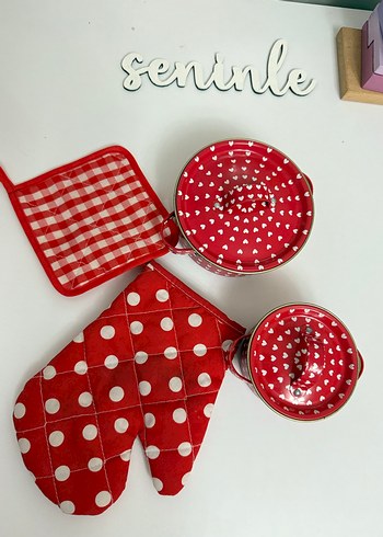 Kırmızı Kalp Desenli Mini Tencere Seti - Görsel 8