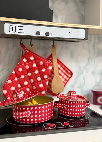 Kırmızı Kalp Desenli Mini Tencere Seti - Görsel 10