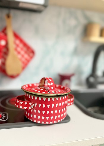 Kırmızı Kalp Desenli Mini Tencere Seti - Görsel 4