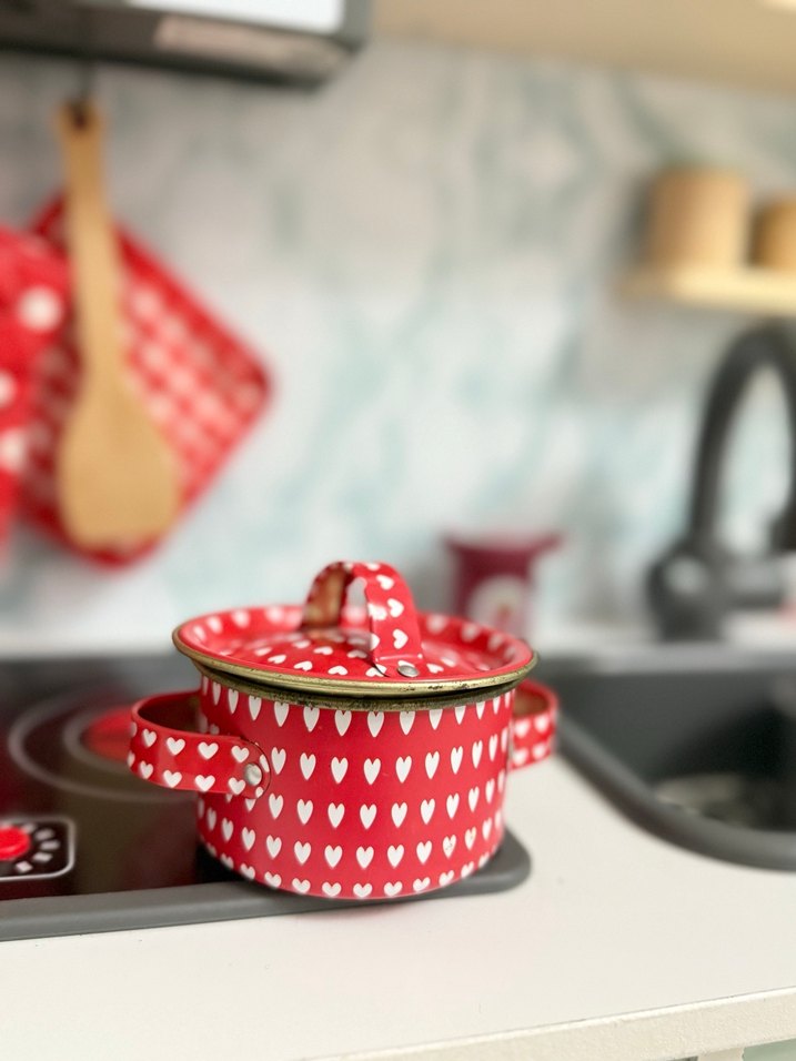 Kırmızı Kalp Desenli Mini Tencere Seti - Görsel 4