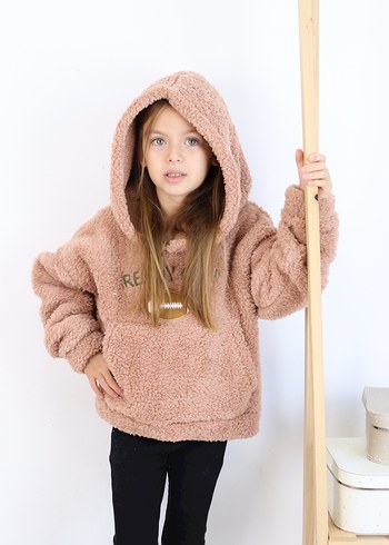 Diğer Kız Çocuk Kapüşonlu Bej Peluş Sweatshirt