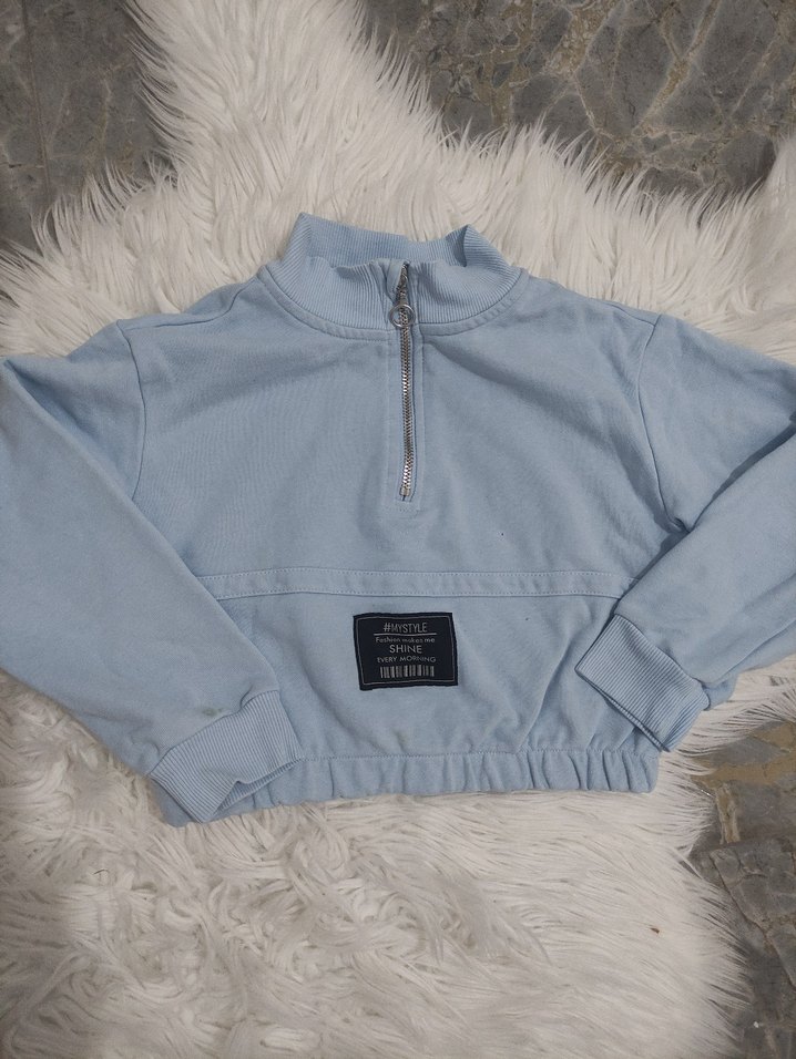 Kadın mavi Yarım Fermuarlı Sweatshirt - Görsel 2