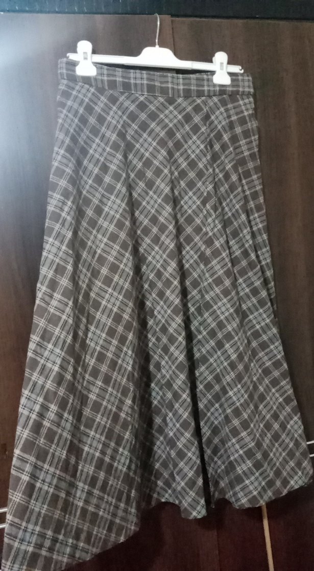 Kahve Gri Ekose Desenli Pilili Uzun Etek - Görsel 2