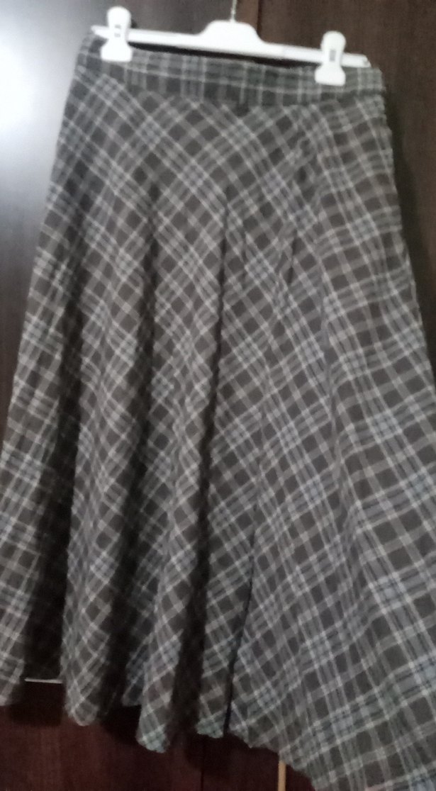 Kahve Gri Ekose Desenli Pilili Uzun Etek - Görsel 5