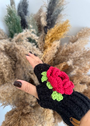 Pembe Gül Motifli Siyah Rose Örgü Eldiven - Görsel 2