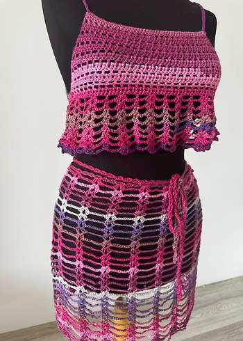 Çok Renkli Bohem Örgü Mini Plaj Elbise - Görsel 3