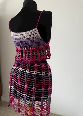 Çok Renkli Bohem Örgü Mini Plaj Elbise - Görsel 2