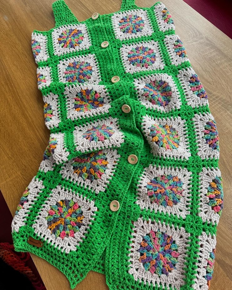 Düğmeli Çok Renkli Bohem Örgü Elbise - Görsel 2