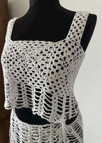 Bohem Beyaz Örgü Mini Plaj Elbise - Görsel 3