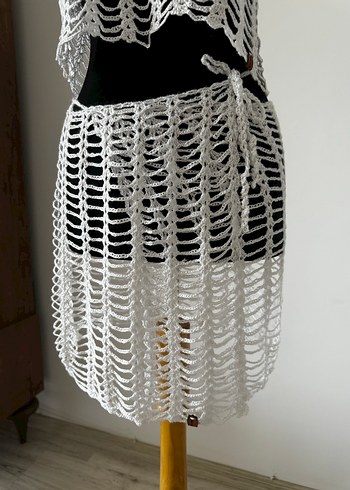 Bohem Beyaz Örgü Mini Plaj Elbise - Görsel 4