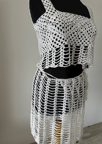 Bohem Beyaz Örgü Mini Plaj Elbise - Görsel 5