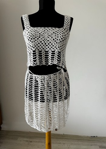 Bohem Beyaz Örgü Mini Plaj Elbise - Görsel 2