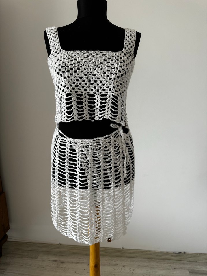 Bohem Beyaz Örgü Mini Plaj Elbise - Görsel 2