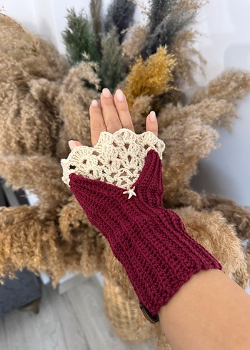 Dantel Detaylı Kadın Bordo Örgü Eldiven - Görsel 2