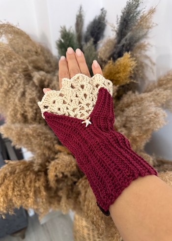 Dantel Detaylı Kadın Bordo Örgü Eldiven - Görsel 4