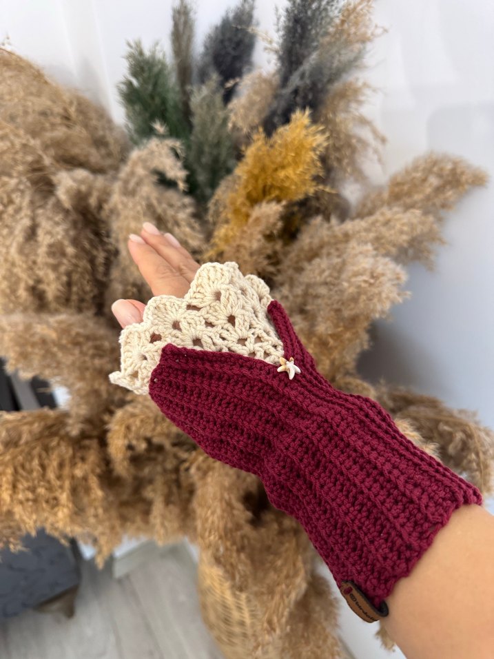Dantel Detaylı Kadın Bordo Örgü Eldiven - Görsel 3