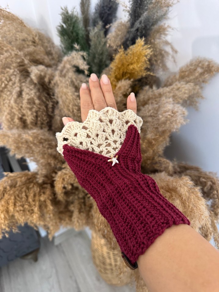 Dantel Detaylı Kadın Bordo Örgü Eldiven - Görsel 2