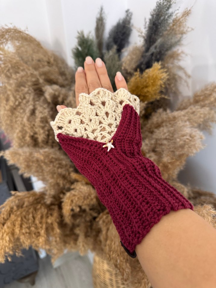Dantel Detaylı Kadın Bordo Örgü Eldiven - Görsel 4