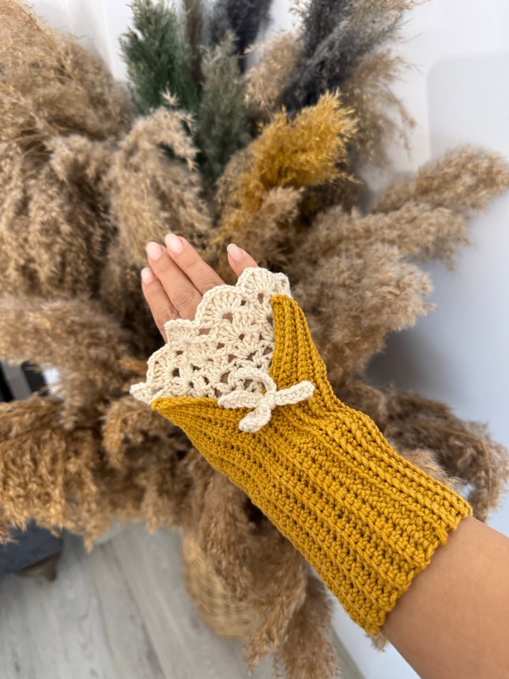 Sarı Bohem Örgü Kadın Eldiven - Görsel 3