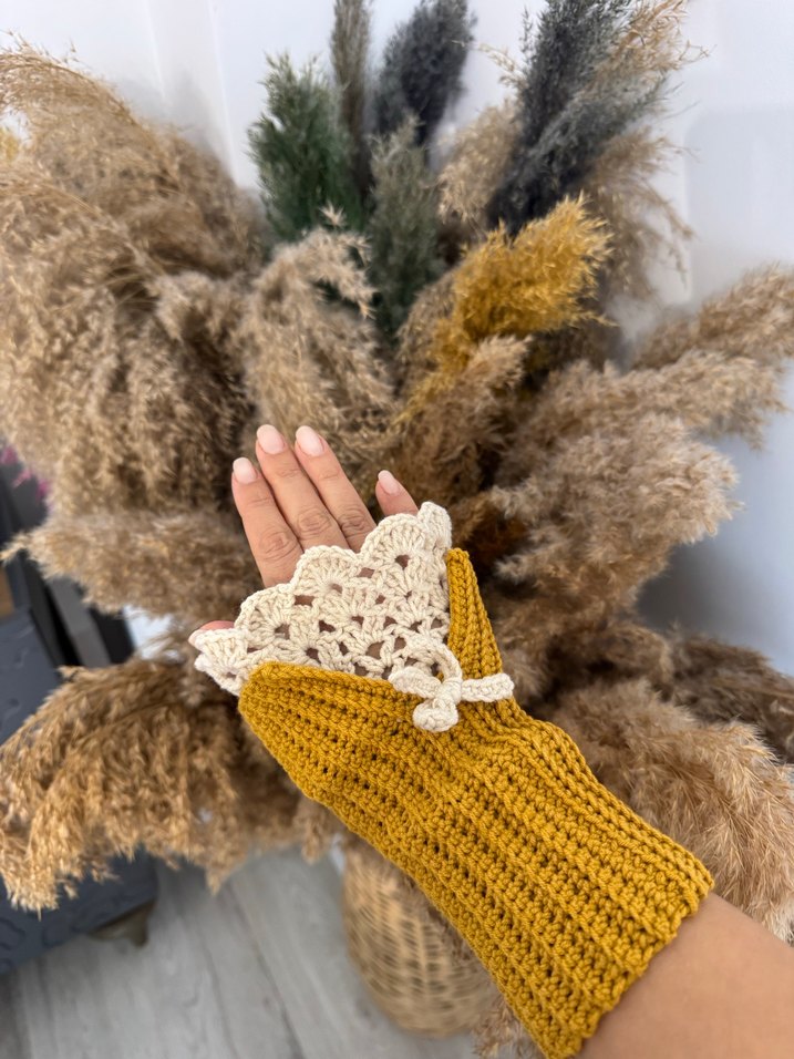 Sarı Bohem Örgü Kadın Eldiven - Görsel 4