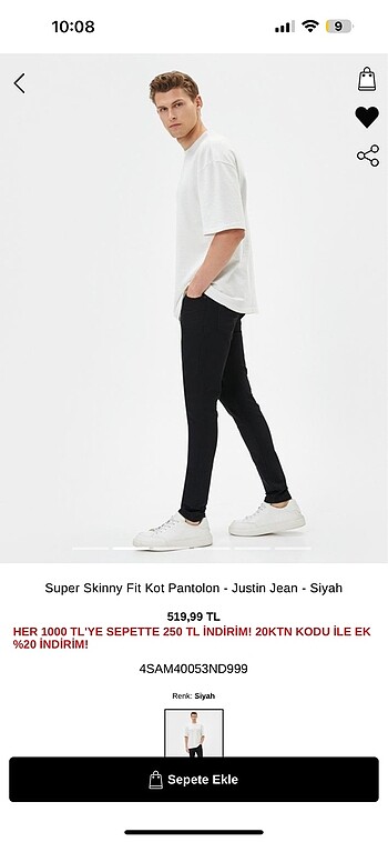 32 Beden Koton Justin siyah skinny jean