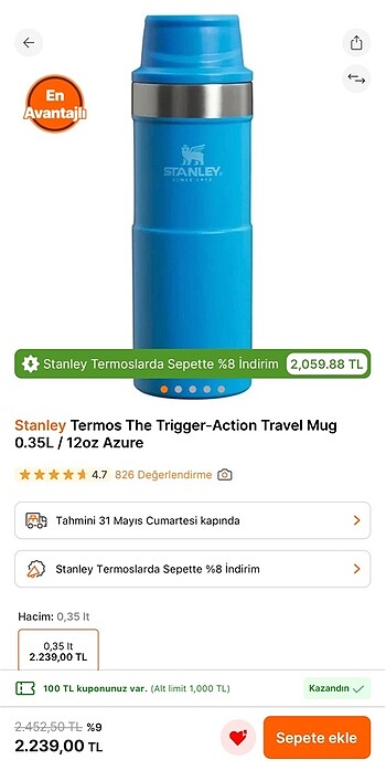 Stanley travel mug mavi termos matara