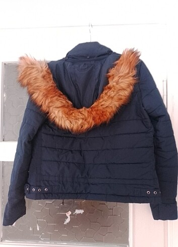 Lacivert peluş kapşonlu mont - Görsel 2