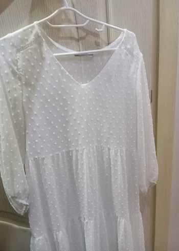 Beyaz V Yaka Uzun Kollu Kadın Elbise. - Görsel 2