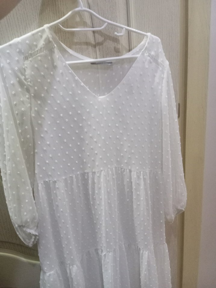 Beyaz V Yaka Uzun Kollu Kadın Elbise. - Görsel 2