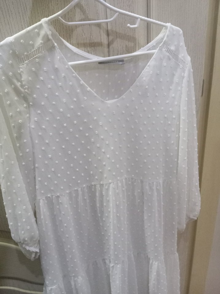 Beyaz V Yaka Uzun Kollu Kadın Elbise. - Görsel 3