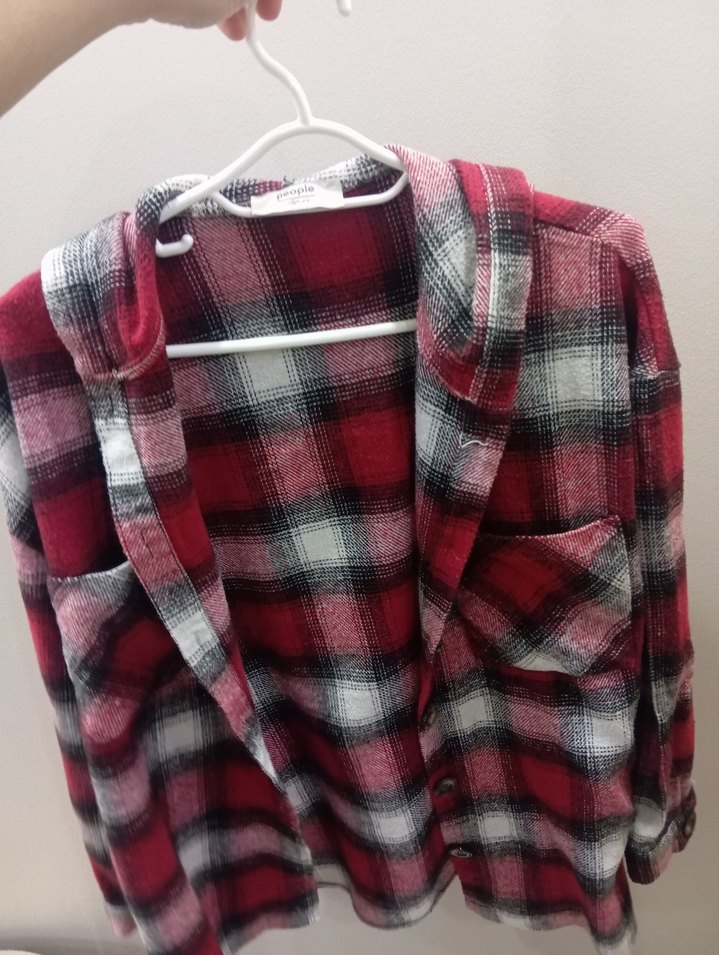 Düğmeli Kırmızı Gri Kareli Kadın Gömlek - Görsel 2