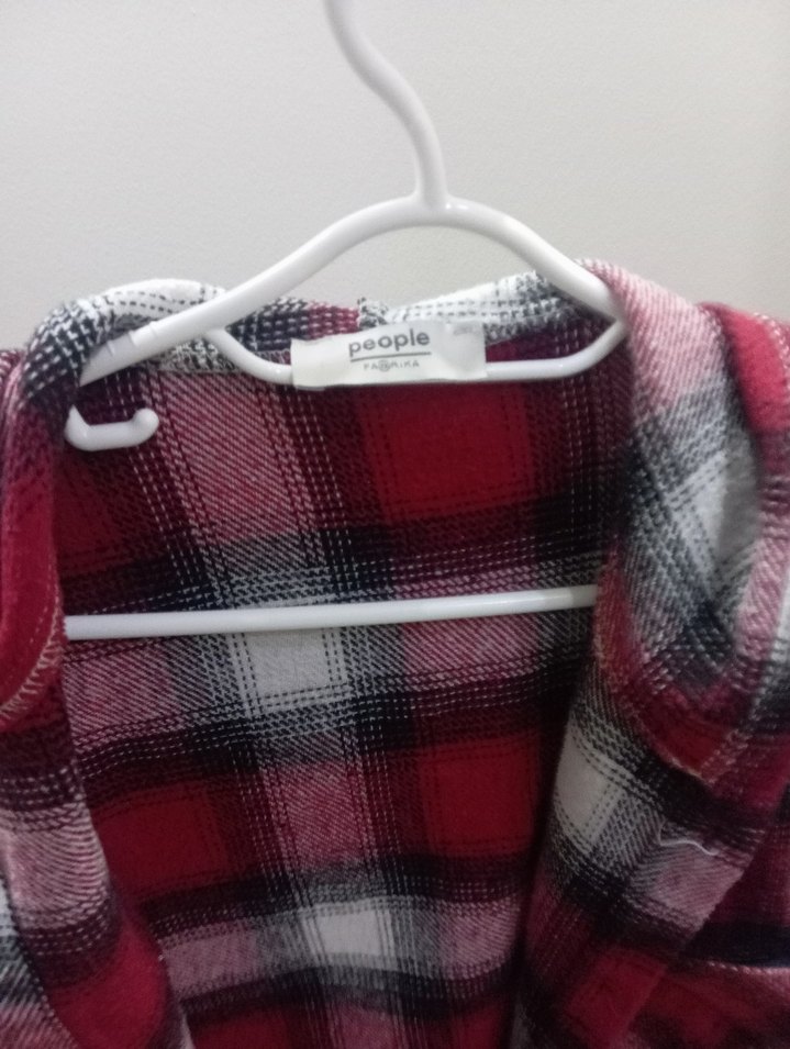 Düğmeli Kırmızı Gri Kareli Kadın Gömlek - Görsel 4