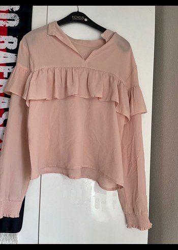Addax Pembe Volanlı Uzun Kollu Mini Bluz