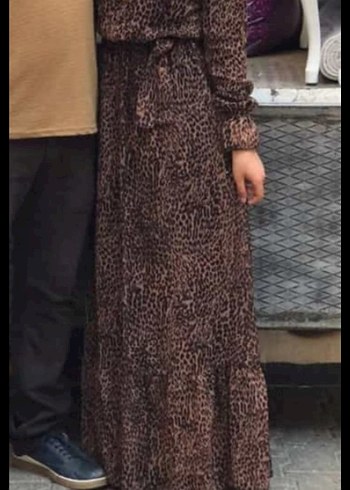 s Beden Kahverengi leopar Desenli Uzun Bohem Elbise