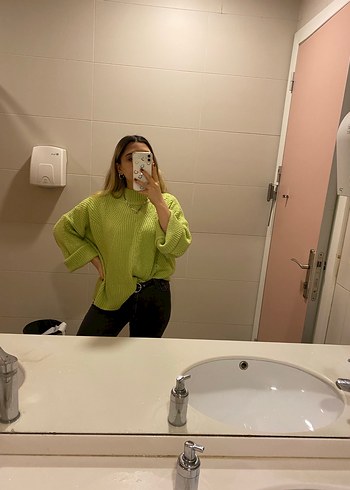 Parlak Yeşil Yüksek Yakalı Triko Kazak - Görsel 6