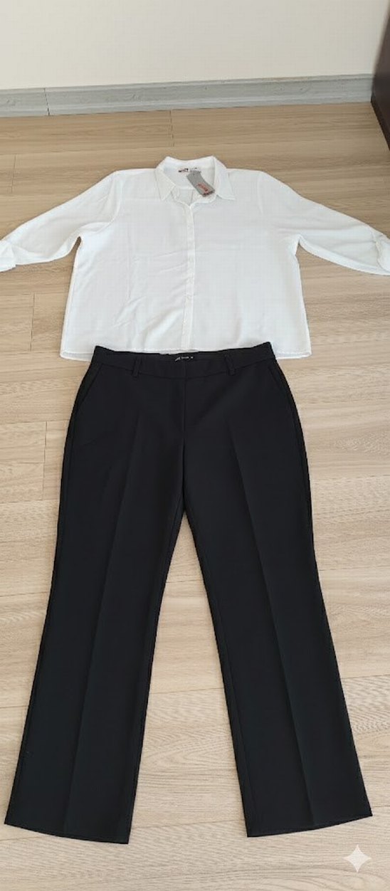 Düz Kesim Ofis Kumaş Pantolon ve etiketi üstünde beyaz gömlek - Görsel 2