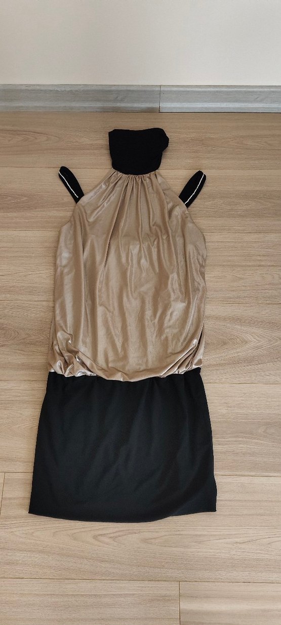 Parlak Altın ve Siyah Renk Mini Elbise - Görsel 2