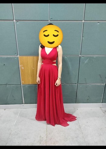 Abiye Parlak Kırmızı, V Yaka, Askılı Uzun Kadın Abiye