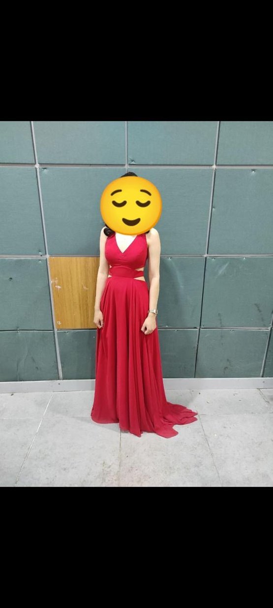 Parlak Kırmızı, V Yaka, Askılı Uzun Kadın Abiye - Görsel 2