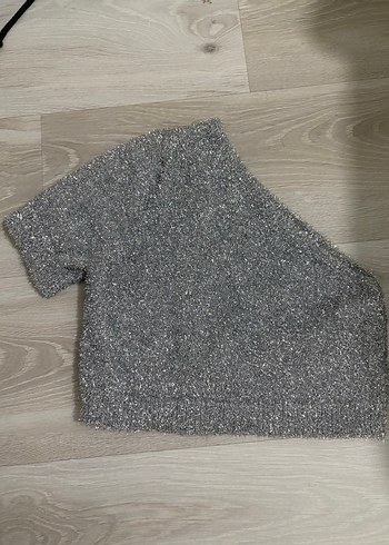 xs Beden Simli parlak Gri Kısa Kollu Kadın crop