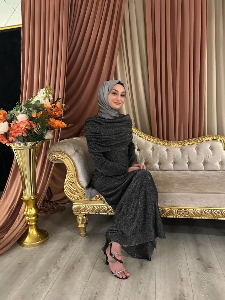 Drapeli Uzun Gri Tesettür Abiye Elbise - Görsel 2