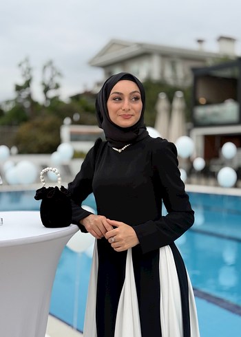 Vera Siyah Beyaz Uzun Piliseli Elbise - Görsel 4