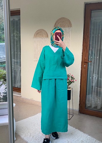 Uzun yeşil ham keten Kadın Takım Elbise - Görsel 2