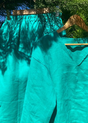 Uzun yeşil ham keten Kadın Takım Elbise - Görsel 5