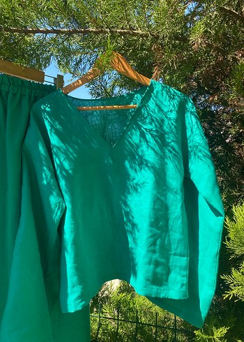 Uzun yeşil ham keten Kadın Takım Elbise - Görsel 4