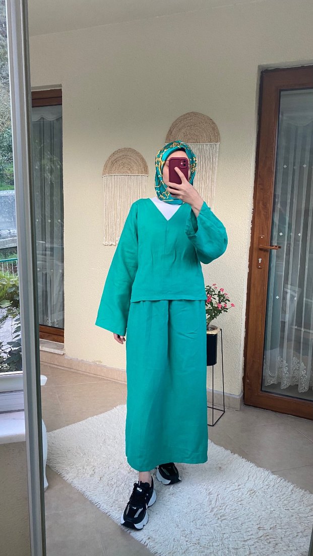 Uzun yeşil ham keten Kadın Takım Elbise - Görsel 2